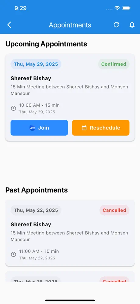 SafeTaper appointments screen showing upcoming clinical visits