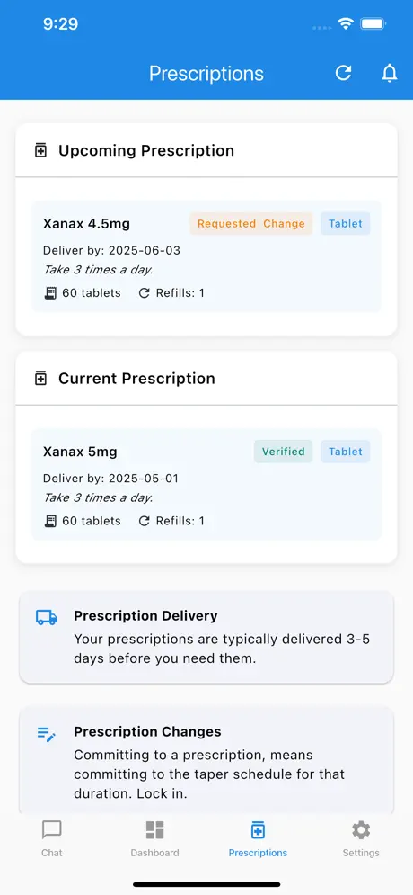 SafeTaper prescription screen showing medication fulfillment status